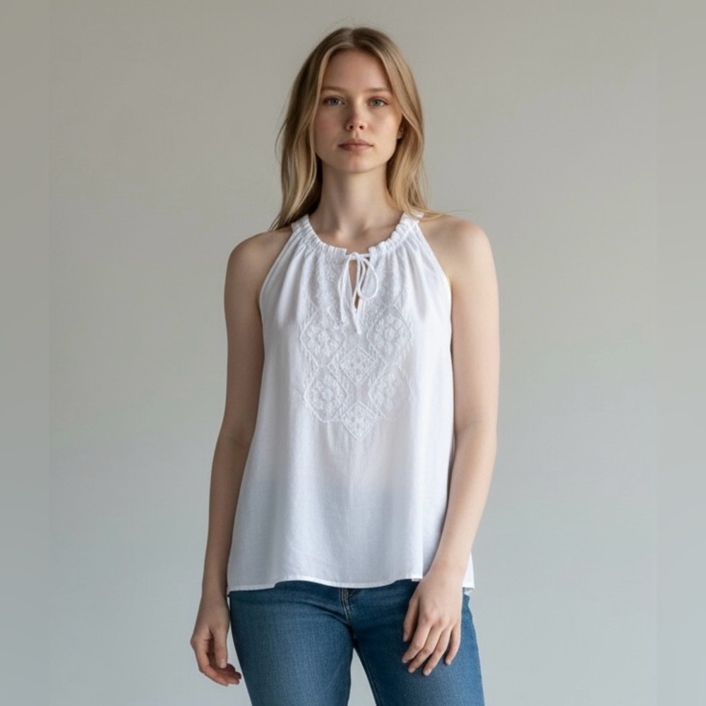 Laundry by Shelli Segal white sleeveless tank embroidered cotton top 14 NWOT
